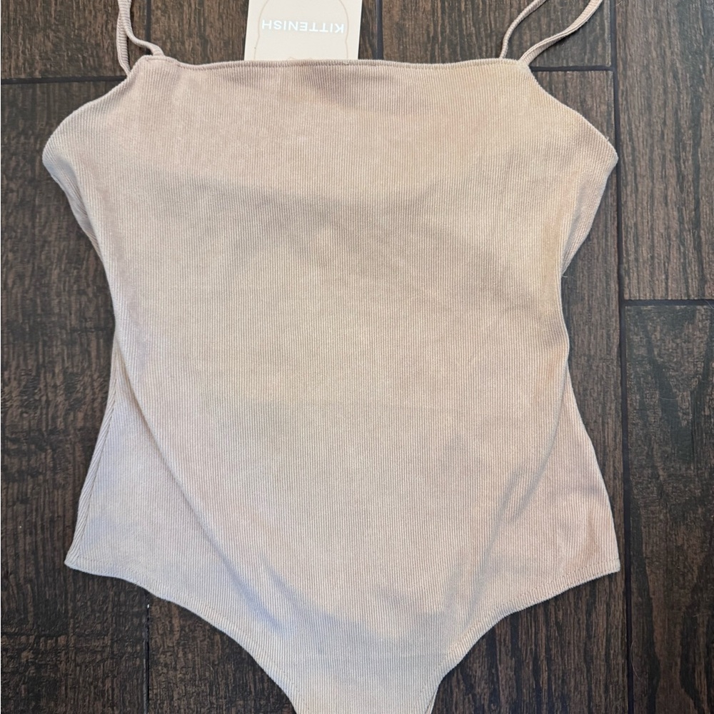 Kittenish Taupe Ribbed Bodysuit Suede New